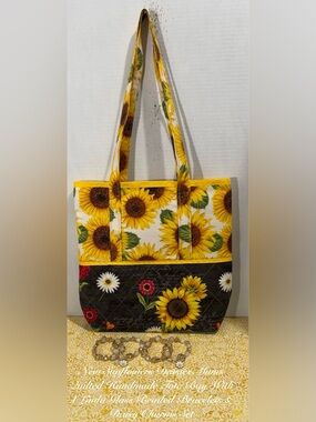 SPRINGTIME SUNFLOWERS MUMS DAISIES QUILTED TOTE BAG W/4PC LINDA GLASS BRACELETS